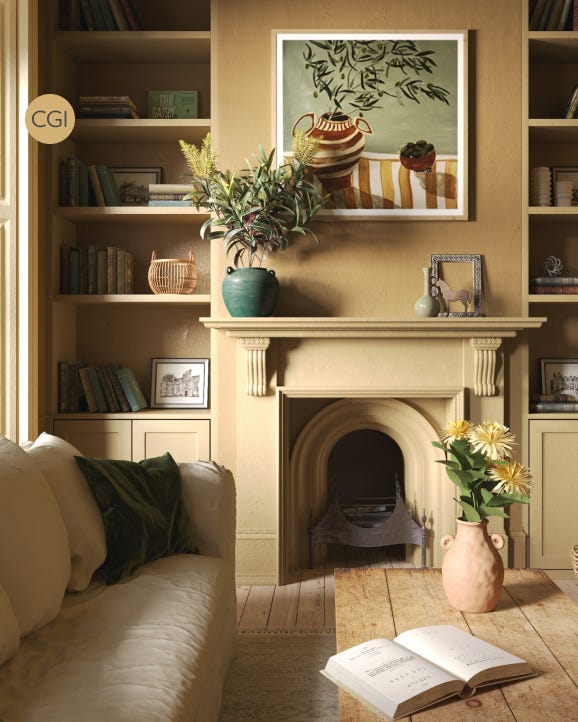Living room with a fireplace, bookshelf, and decorative items.