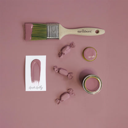 Paintbrush with pink paint, paint samples, and 'earthborn' branding on a pink background