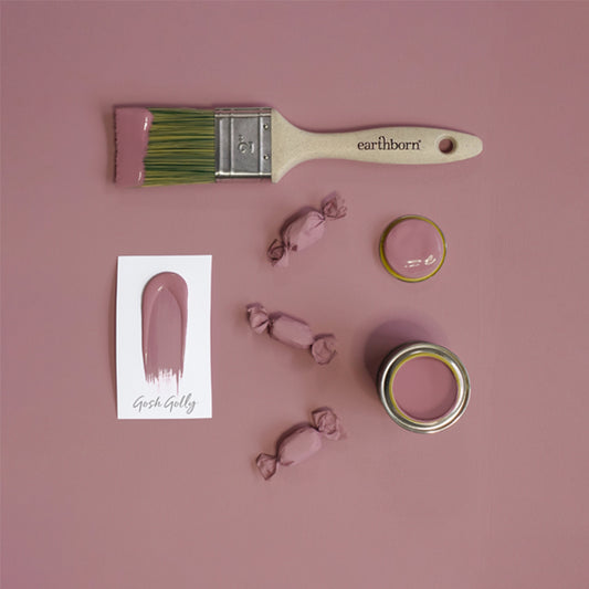 Paintbrush with pink paint, paint samples, and 'earthborn' branding on a pink background