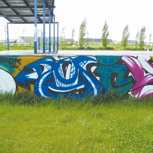 Colorful graffiti on a wall with grass and a structure in the background