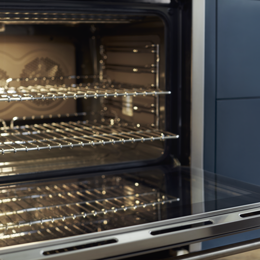 Open oven with racks inside, showing a clean interior.