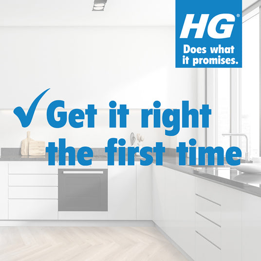 Modern kitchen with HG logo and slogan 'Get it right the first time'.