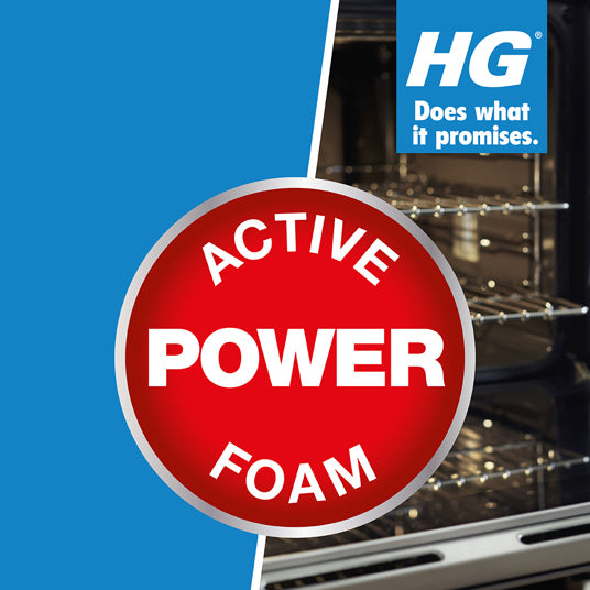 Oven with HG Active Power Foam label on a blue background