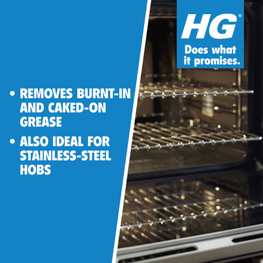 Oven with HG cleaning product branding and text about grease removal and stainless-steel hob suitability.