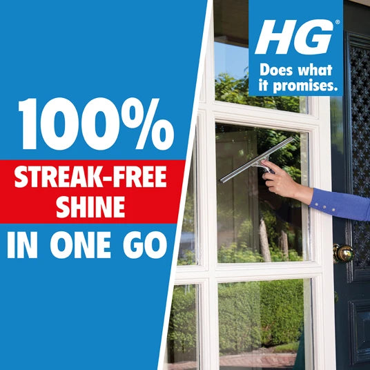 Window cleaning tool in use with HG logo and text about streak-free shine.