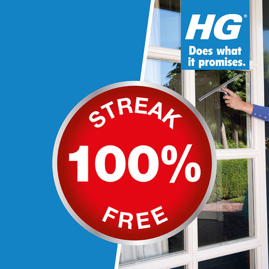 Window cleaning tool with 'Streak 100% Free' label and HG logo on a blue background