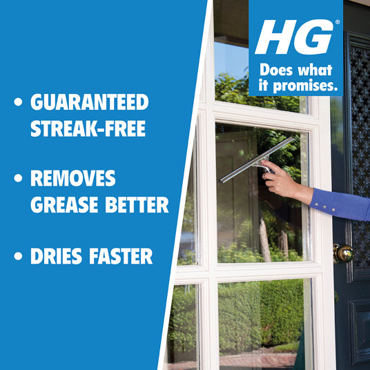 Person cleaning a window with a squeegee, HG brand visible, text about product benefits.