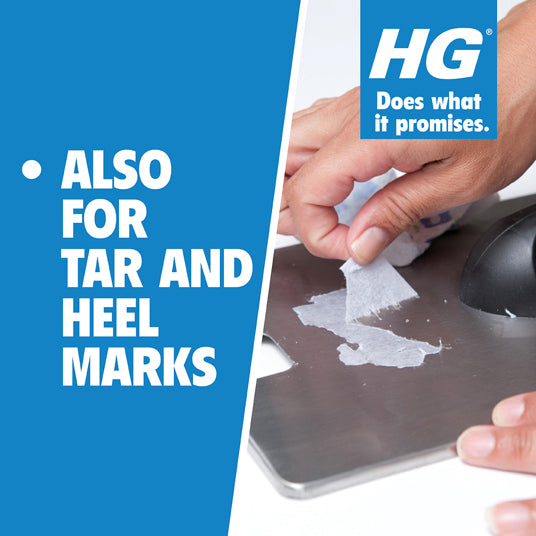 Person applying HG product to remove tar and heel marks with brand logo and tagline.