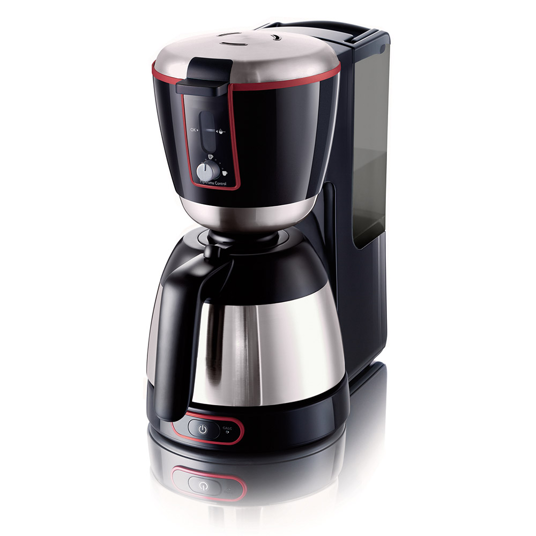 Coffee maker with black and silver design on a white background