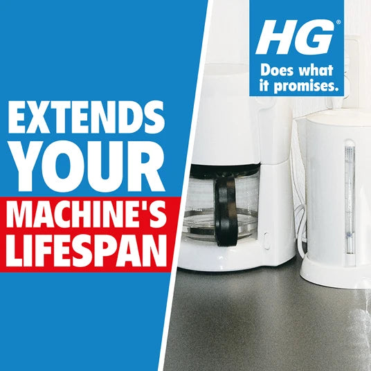 Coffee maker with text 'EXTENDS YOUR MACHINE'S LIFESPAN' and HG logo on a blue background