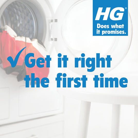 White washing machine with open door, clothes inside, and HG logo with tagline 'Get it right the first time'.