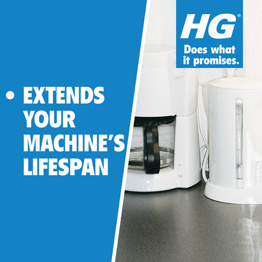 White coffee maker with text 'HG Does what it promises' and 'Extends your machine's lifespan' on a blue background.