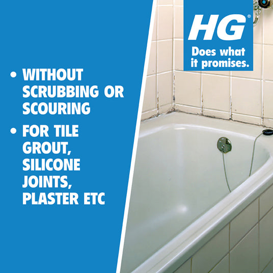 Bathroom scene with a bathtub and HG cleaning product advertisement.