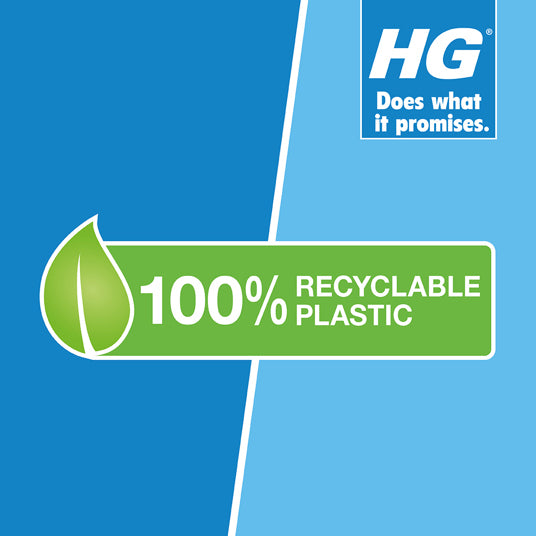 HG logo with a green leaf icon and '100% Recyclable Plastic' text on a blue background