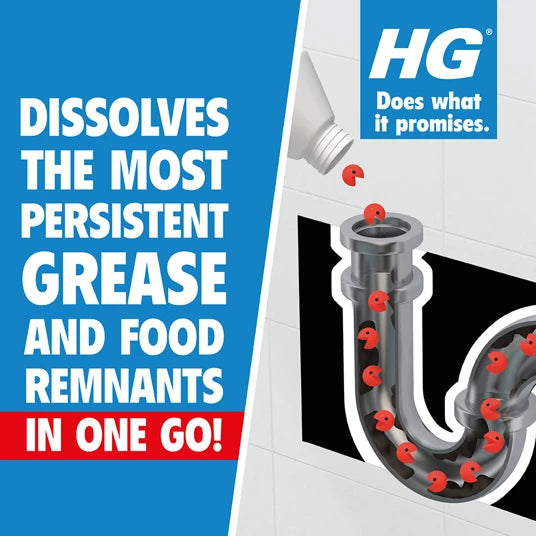 Advertisement for HG product dissolving grease and food remnants with a blue background and HG logo.