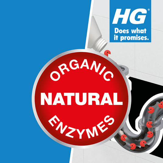Red circular label with 'Organic', 'Natural', 'Enzymes' text on a blue background with HG logo.