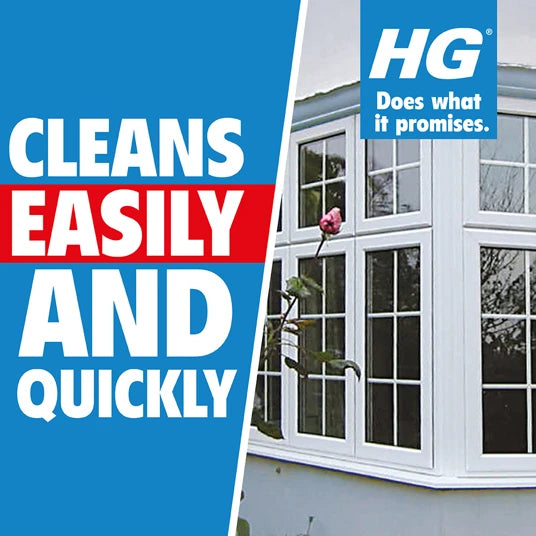 Window cleaning product with HG logo and text 'Cleans easily and quickly' on a blue background.