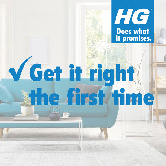 Modern living room with a blue sofa and 'HG' logo, featuring text 'Get it right the first time'.