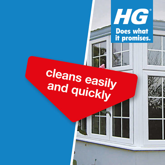 Window cleaning product advertisement with HG logo and text 'cleans easily and quickly' on a blue background.