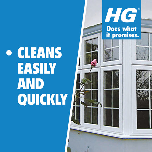 Window cleaning product with HG logo and text 'Cleans easily and quickly' on a blue background.