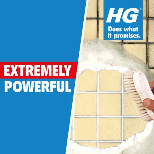 Cleaning product with scrubber and text 'HG Extremely Powerful' on a blue background