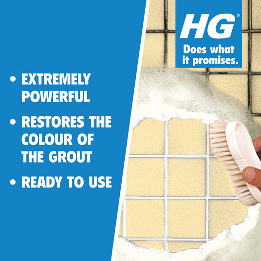 HG grout cleaner with text highlighting features on a blue background