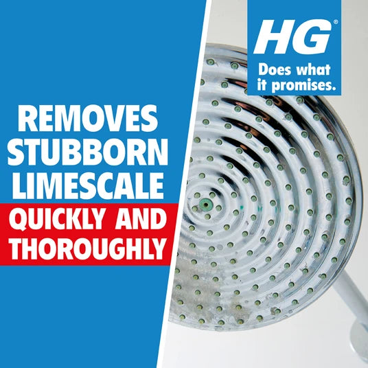 HG shower head with text on a blue background