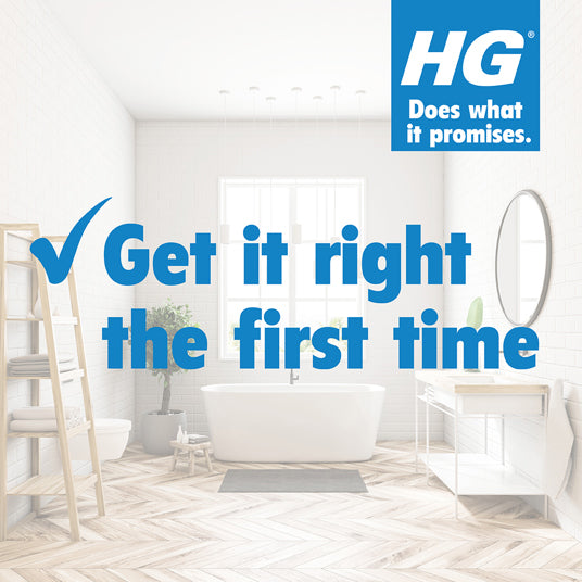 Bathroom interior with HG logo and text 'Get it right the first time' on a white background