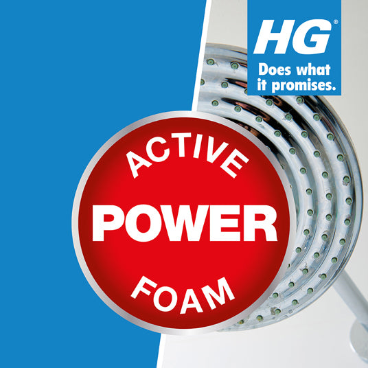 HG Active Power Foam shower head with red label on a blue background