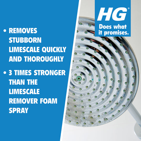 HG shower head with limescale buildup and promotional text on a blue background