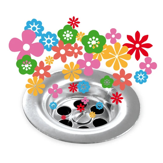 Colorful flower-shaped sink drain cover on a white background