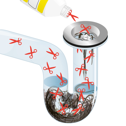 Illustration of a clogged drain with hair and a bottle of hair remover above it.