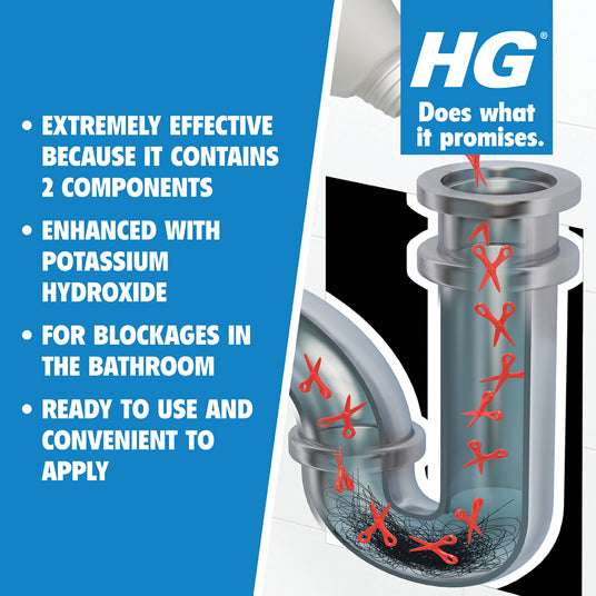Product packaging with HG branding and text about its effectiveness for bathroom blockages.