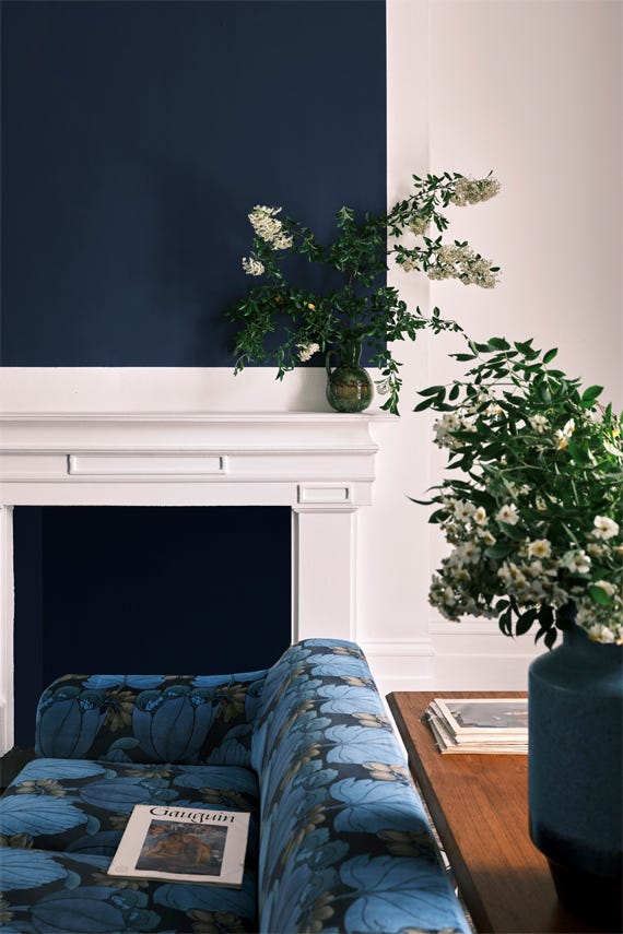 Living room with blue floral sofa, white walls, and decorative plants.