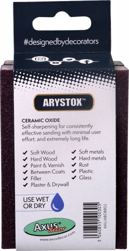 Arystox ceramic oxide sandpaper packaging with product details and branding.