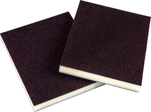 Two sanding pads with a textured surface on a white background