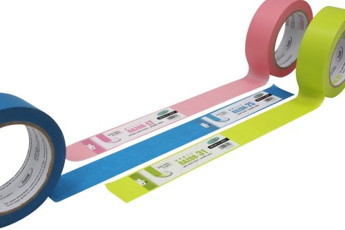 Four rolls of colorful tape in blue, pink, and green on a white background.