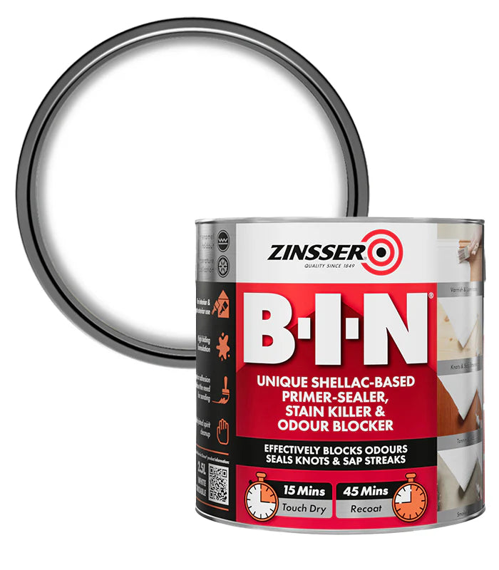 Zinsser B-I-N paint can with a silver ring on a white background