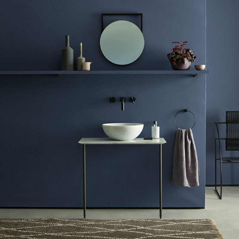 Bathroom with dark blue walls, white sink, and decorative elements.