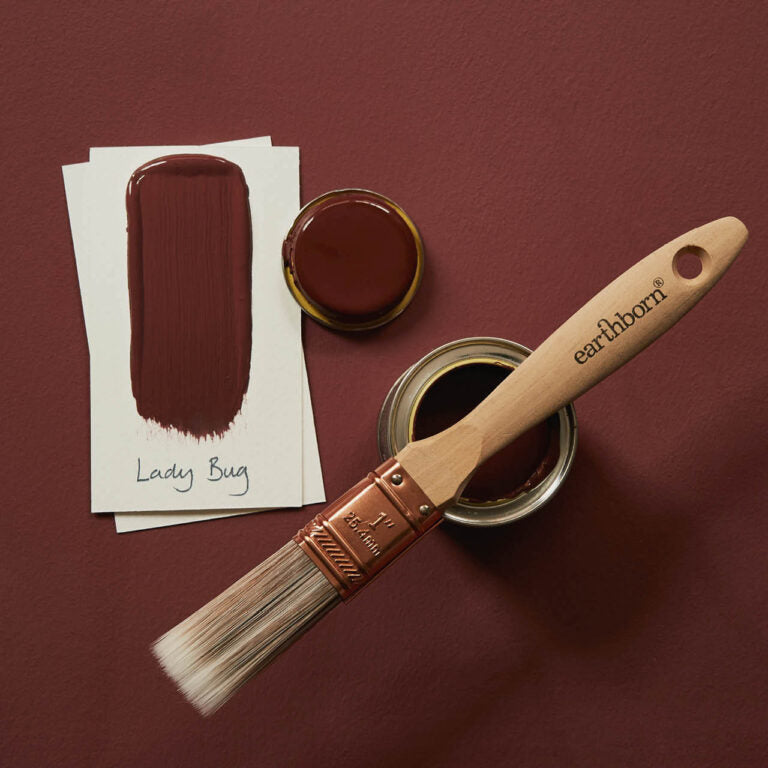 Paintbrush with 'earthborn' branding next to a jar of paint and swatch on a red background