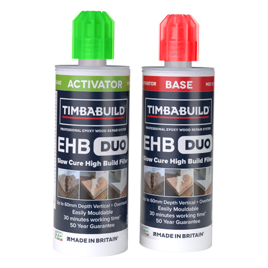 Two Timbabuild EHB Duo epoxy wood repair bottles with a green activator cap and a red base cap, shown on a plain white background.