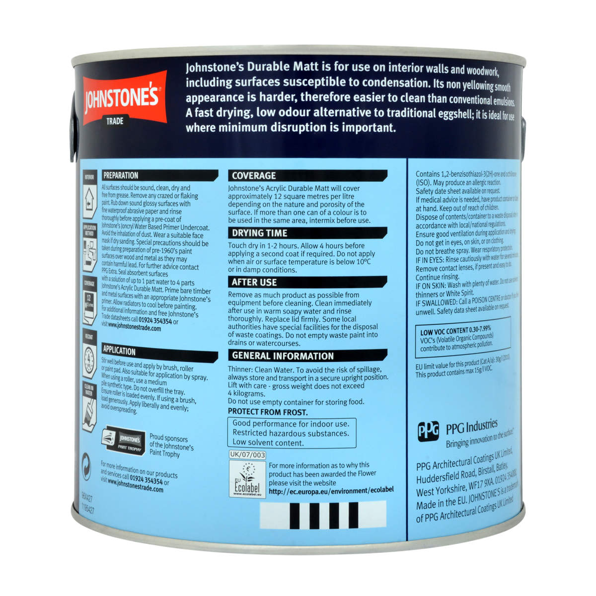 JOHNSTONE'S ACRYLIC DURABLE MATT BRILLIANT WHITE 2.5L