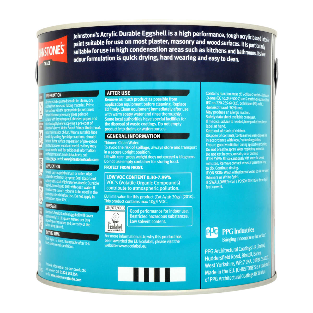 JOHNSTONE'S ACRYLIC DURABLE EGGSHELL BRILLIANT WHITE 2.5L