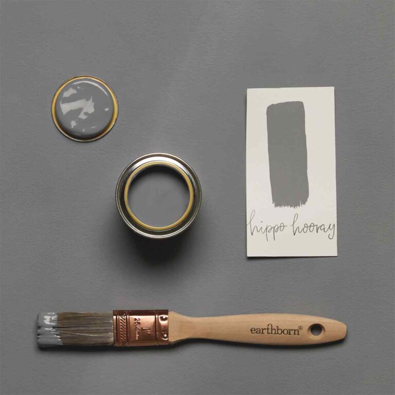 Paint can, brush, and color swatch on a gray background