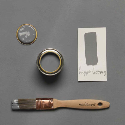 Paint can, brush, and color swatch on a gray background