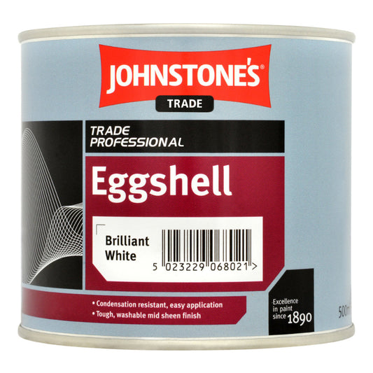 Johnstone's Eggshell paint can on a white background
