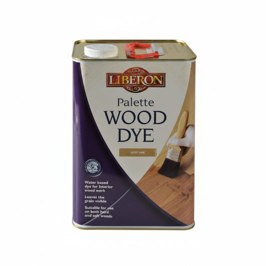 Liberon Palette Wood Dye can with a brush application on wood.