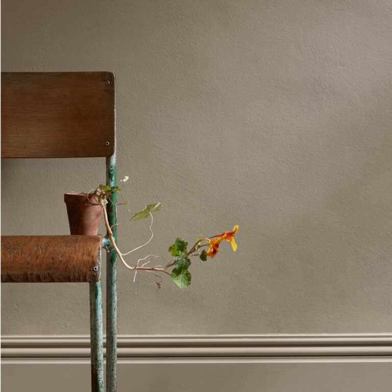 Vintage chair with a plant against a plain wall