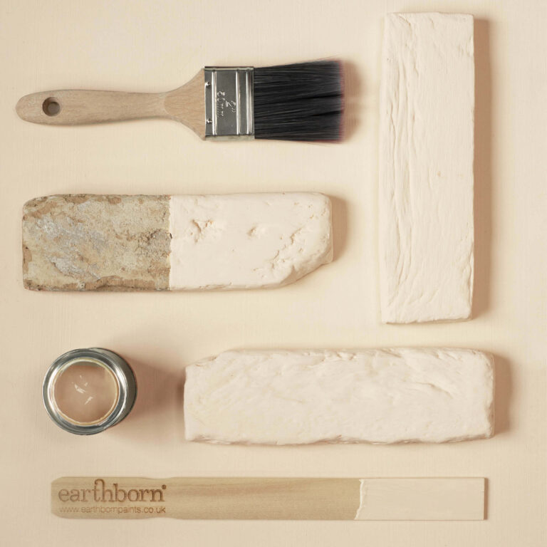 Paintbrush, paint samples, and a container of paint on a beige background with 'earthborn' branding.