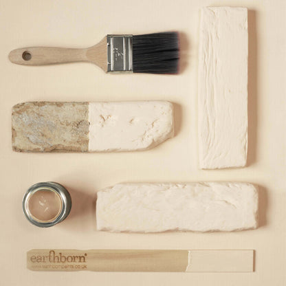Paintbrush, paint samples, and a container of paint on a beige background with 'earthborn' branding.